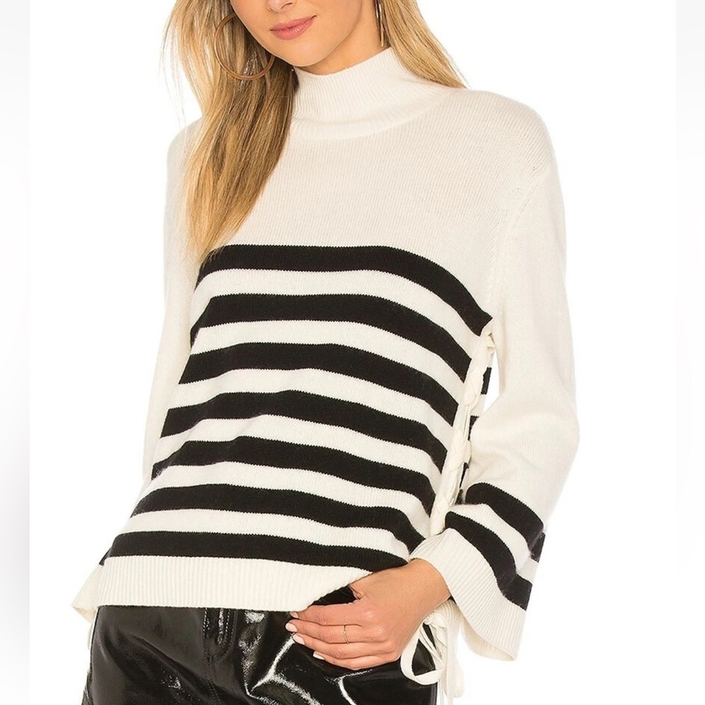Joie Lantz Lace-Up Mock Neck Striped Sweater Ivory/Black Size Small